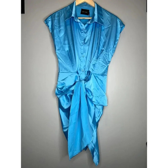 NEW DO + BE Blue satin collar dress tie front ruched mini party size MEDIUM - Picture 5 of 10